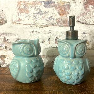 Ceramic Owl Soap Dispenser and toothbrush Holder Set